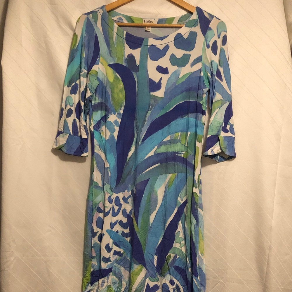 Hatley Blue, Green & White Abstract Print Midi Dress